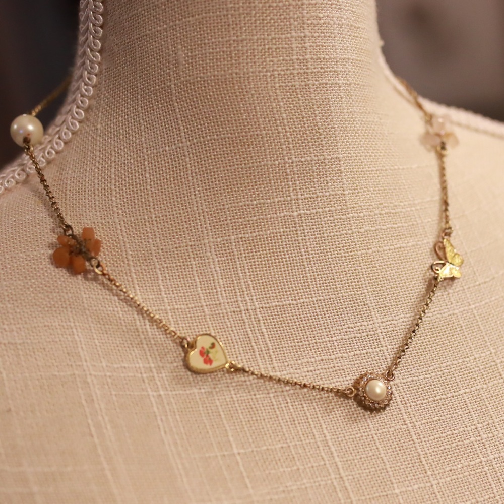 Juicy Couture Y2K Necklace with Pearl, Beads, Butterfly charms on Gold Chain